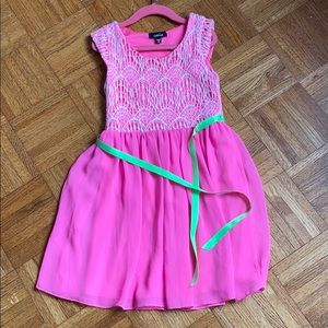 Pink dress w lace top and green sash
